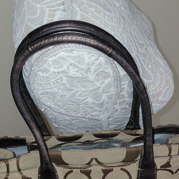 Vtg Coach Signature Shoulder Tote Purse Pockets Pouches Twist Lock Blue Interior - Picture 4 of 16